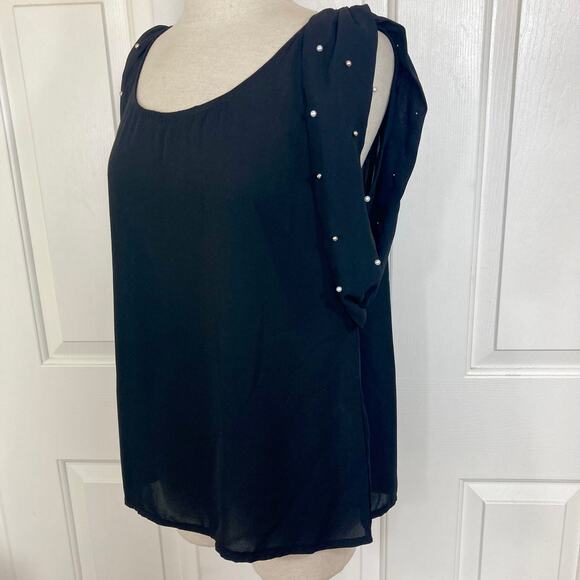 Pearl studded black top womens medium drape sleeve round neck blouse by RolyPoly - Picture 2 of 10